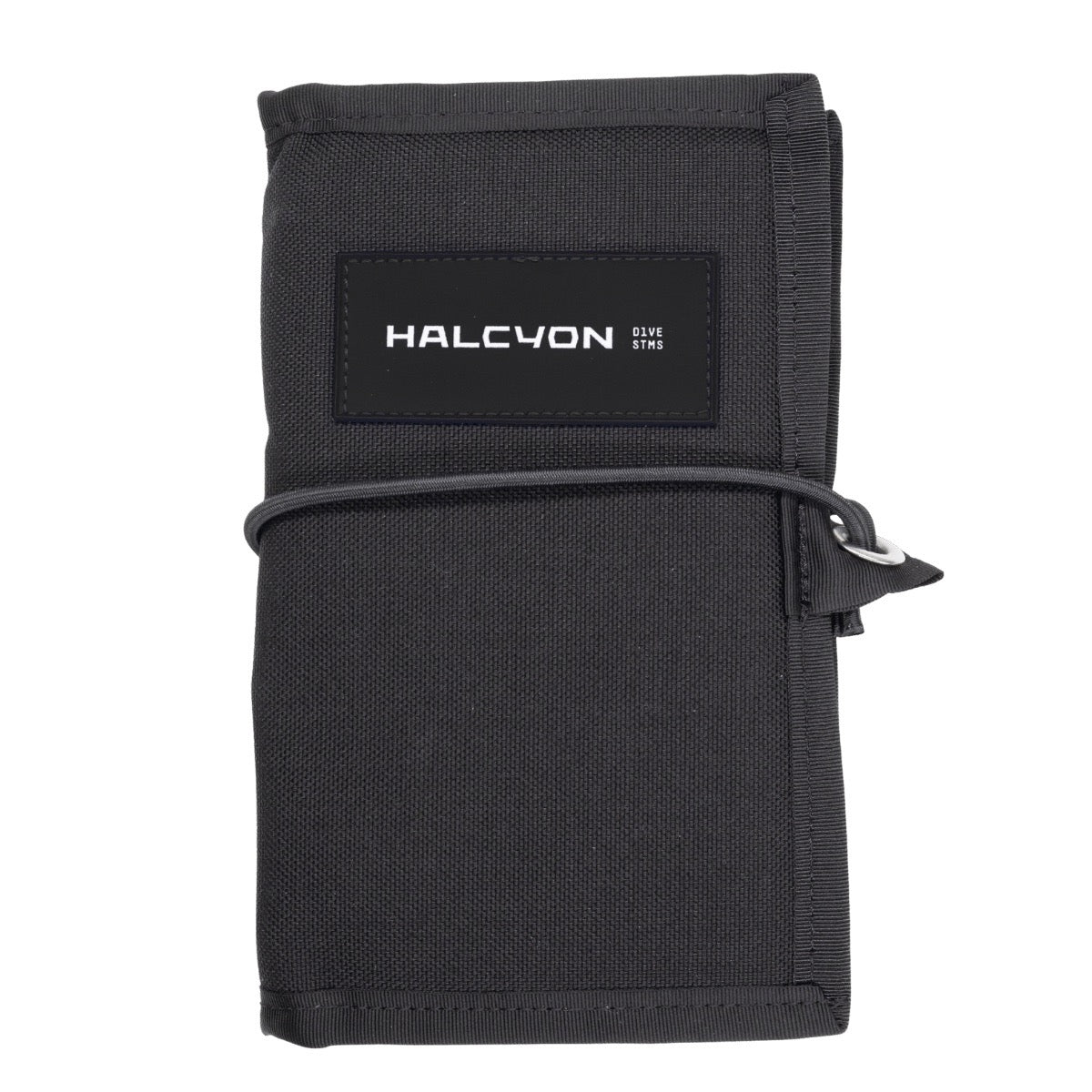 Halcyon Diver's Notebook, black with black and white Halcyon Dive Systems logo. Product Image with white background, ideal for divers