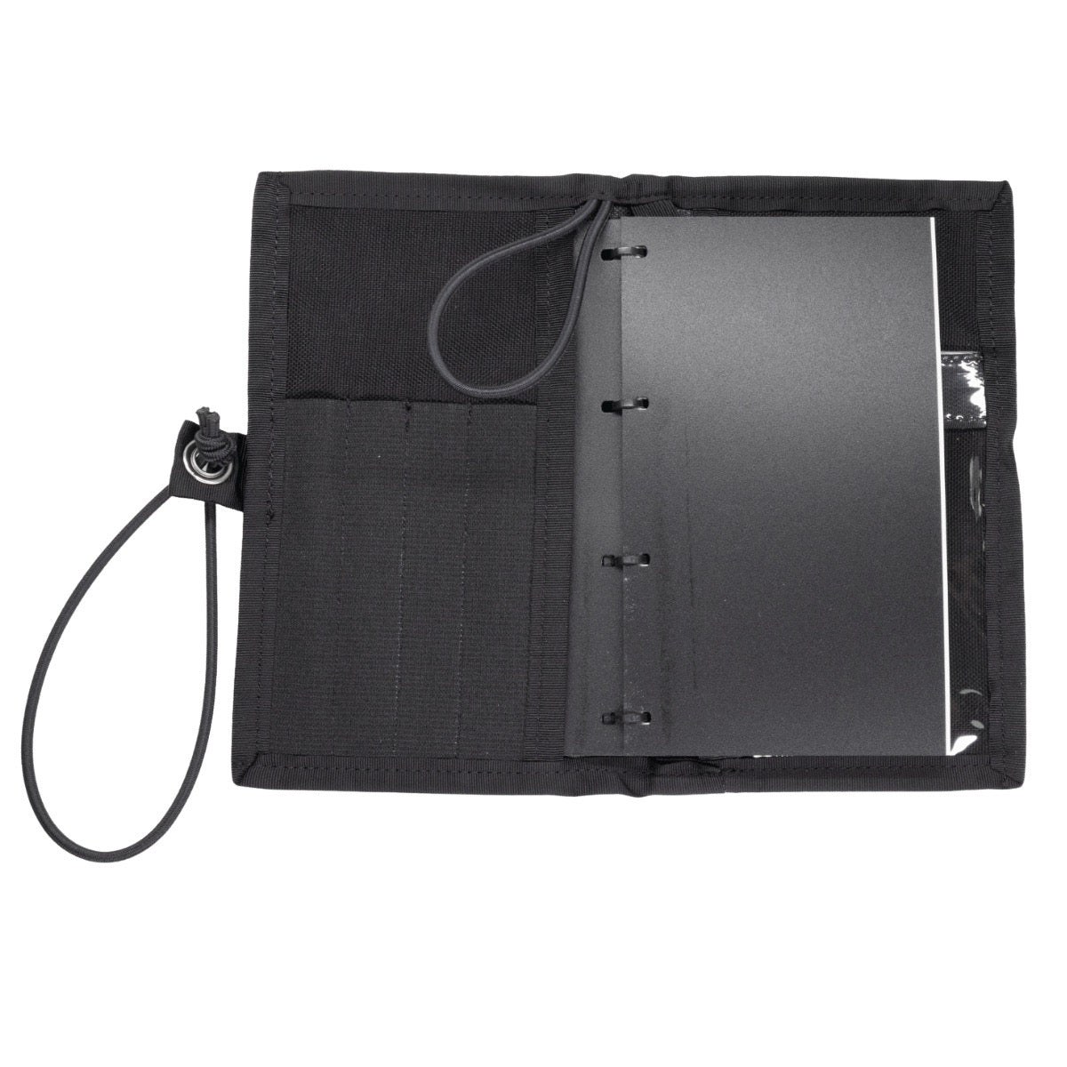 An open black Halcyon Diver's Notebook, shown on a plain white background. Ideal for divers.