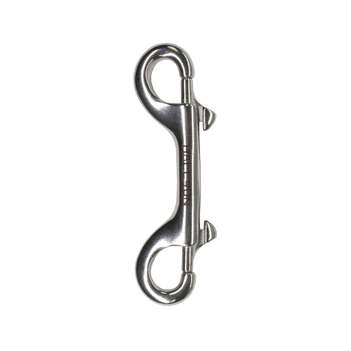 A polished stainless steel Halcyon double ender with Halcyon logo on white background