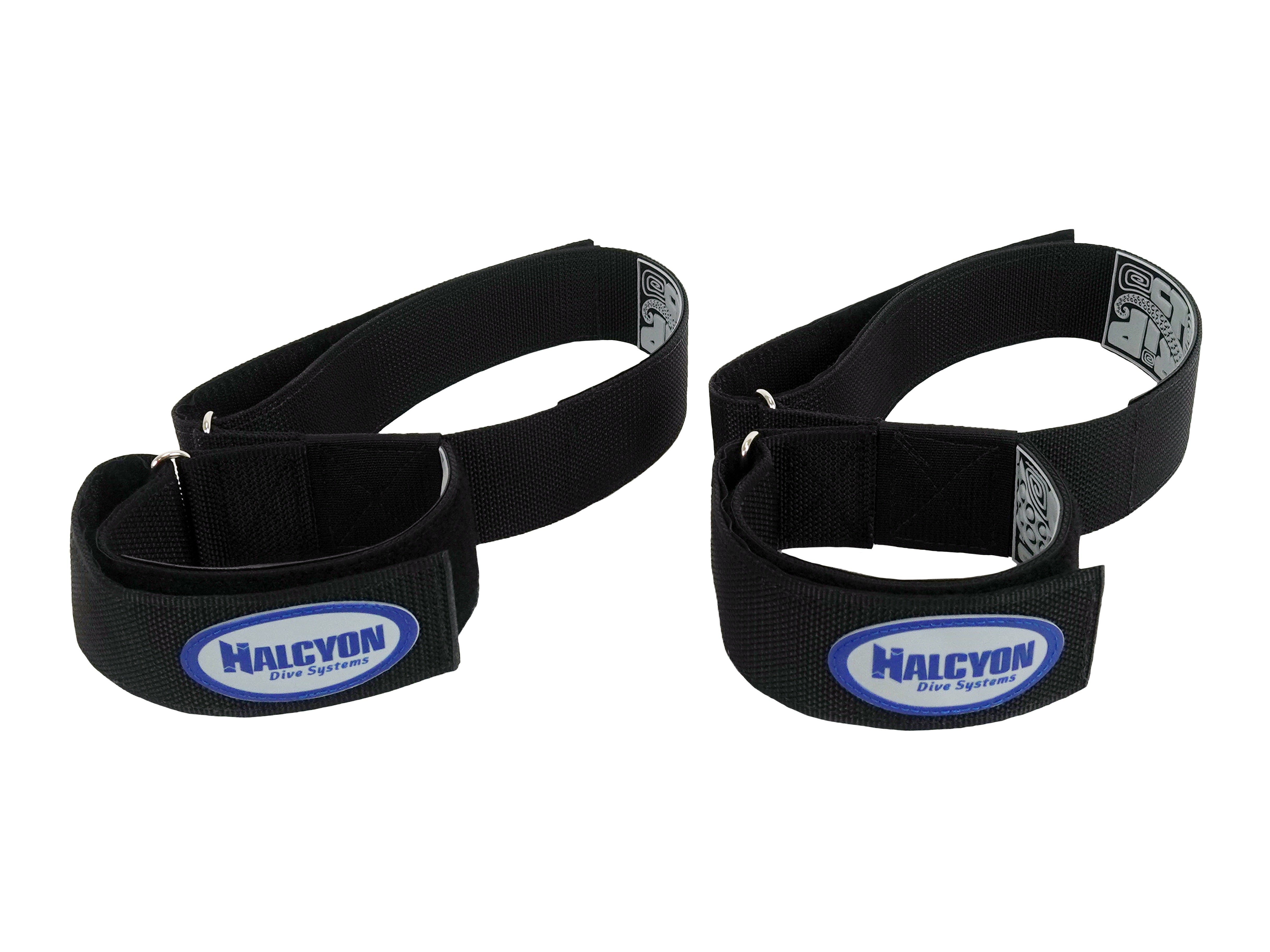 Two Halcyon Mounting straps in black with white and blue logo on white background