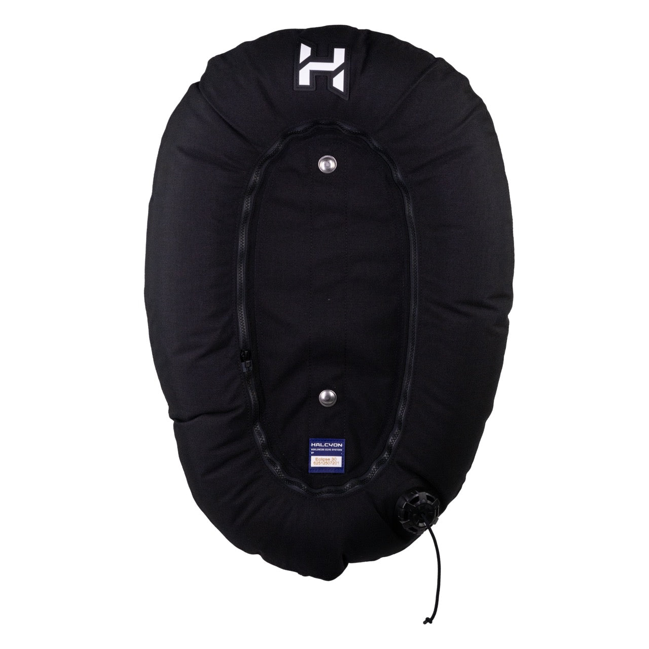 A black inflatable wing from Halcyon with white Halcyon logo on white background
