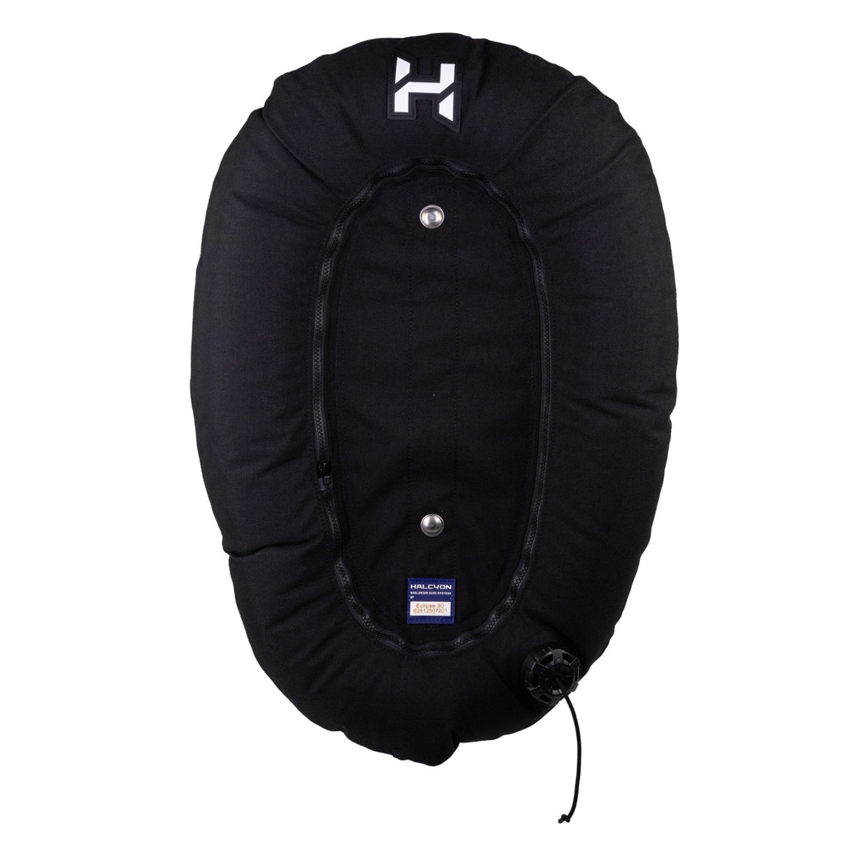 A black inflatable wing from Halcyon with white Halcyon logo on white background