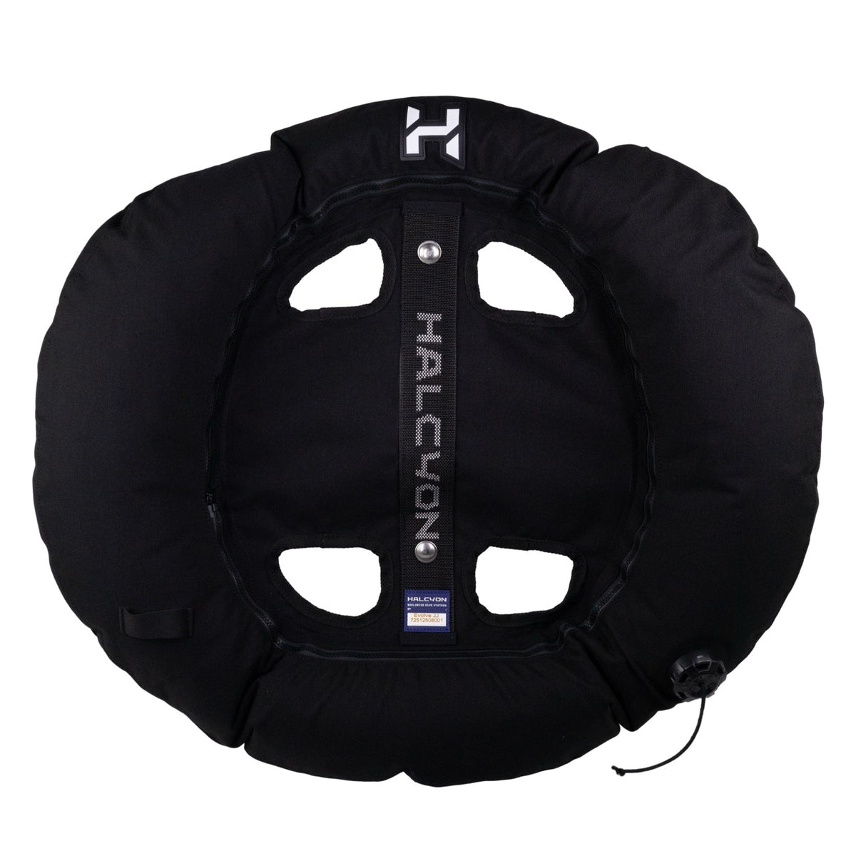 A black Halcyon Evolve™ JJ Rebreather Wing with white Halcyon logo on white background