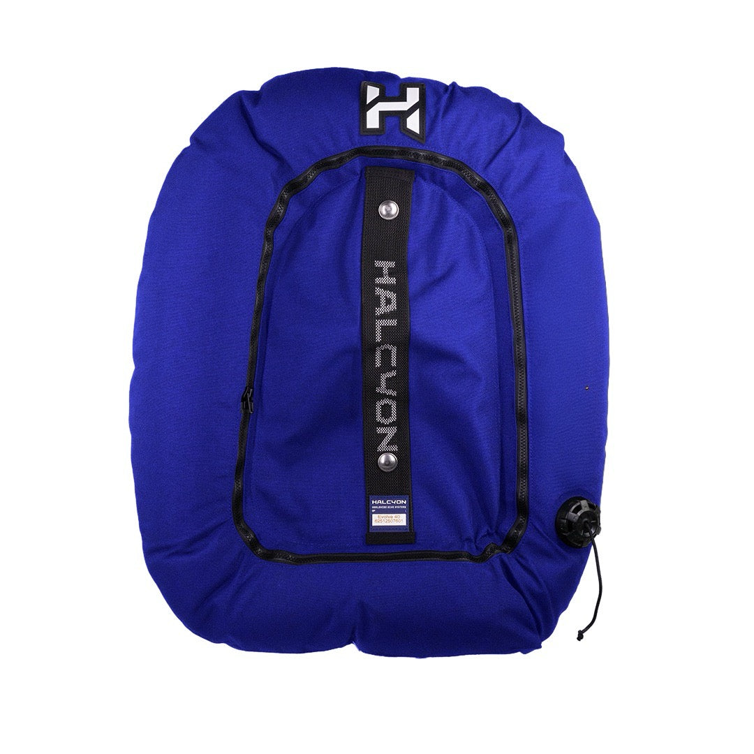 A blue Halcyon Custom Evolve Wing 40 with white Halcyon logo on white background