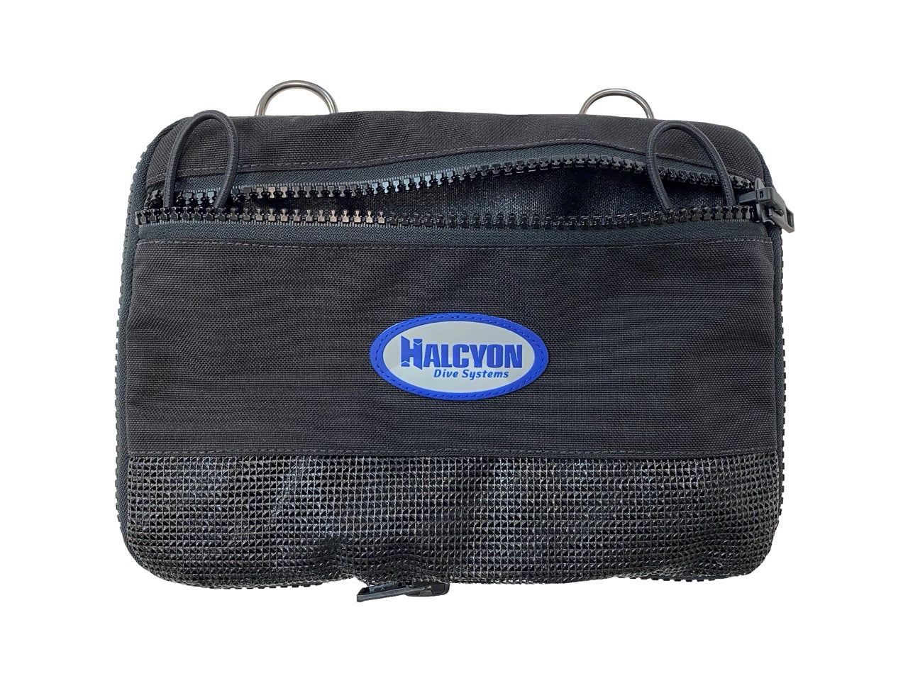 A black Halcyon Exploration Pouch with blue and white Halcyon logo on the center on white background