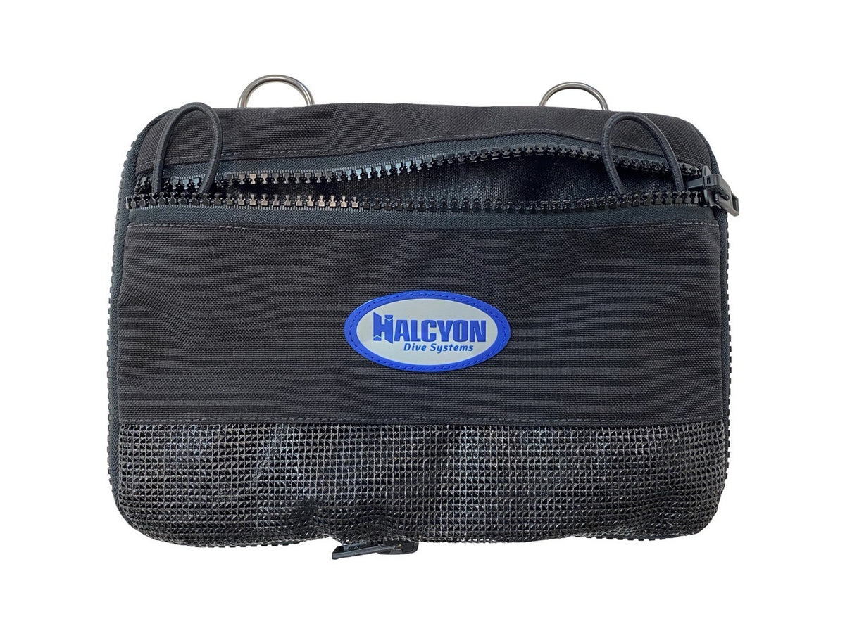 A black Halcyon Exploration Pouch with blue and white Halcyon logo on the center on white background