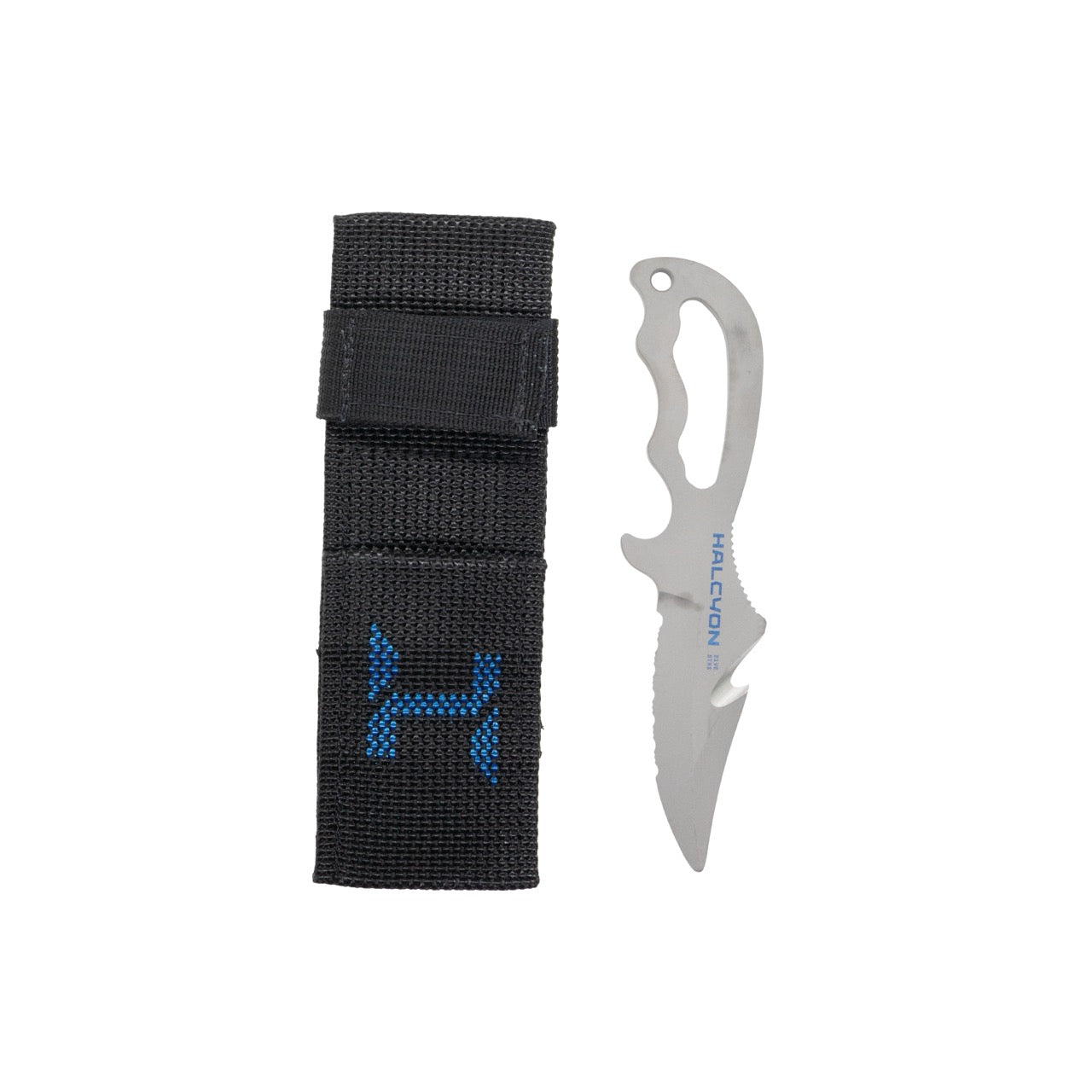 Displaying a the Halcyon Explorer knife next to black sheath, both with Halcyon Dive Systems blue logo. Ideal for divers.
