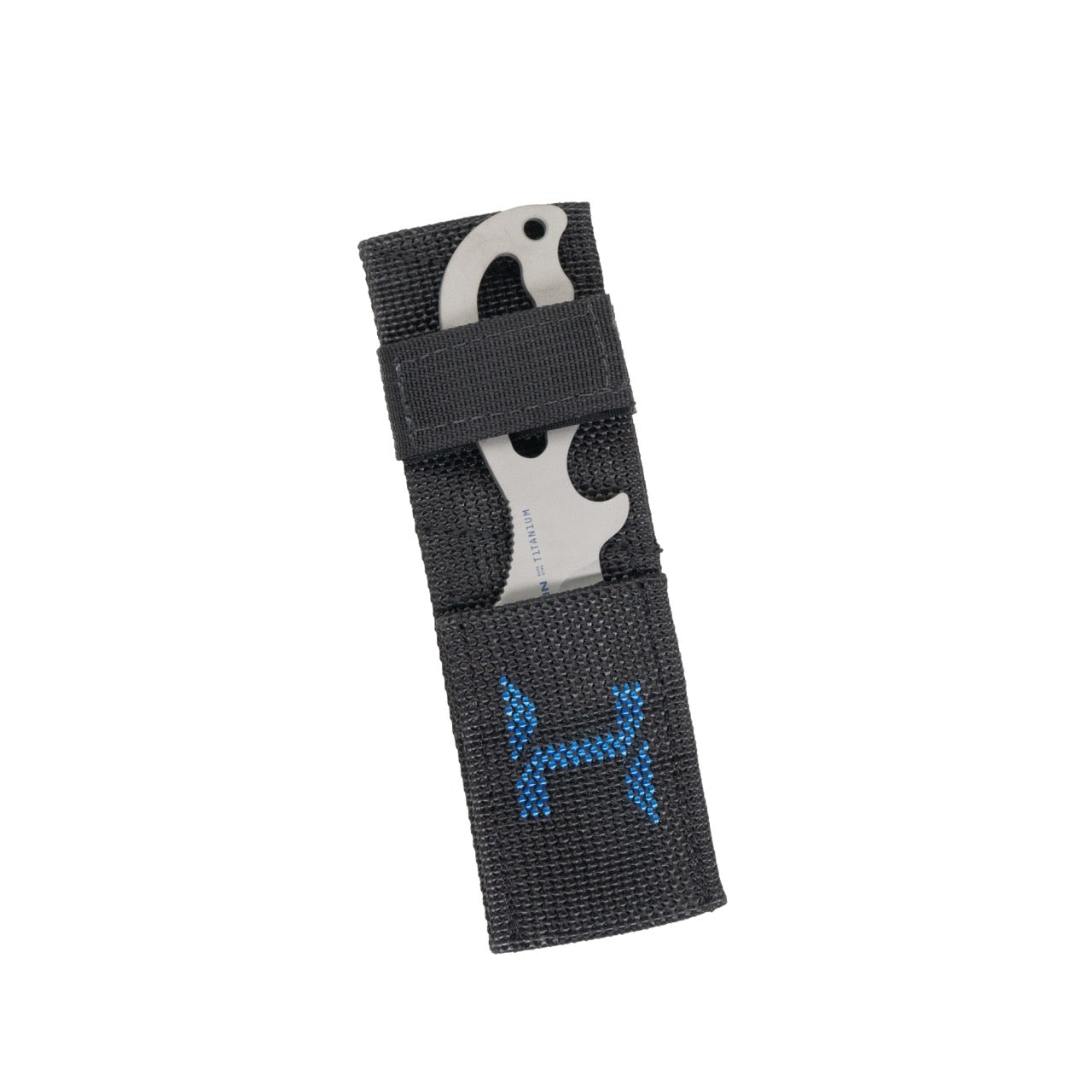 Displaying a product image of the Halcyon Explorer Knife with blck sheath and blue Halcyon logo. Product Image with white background