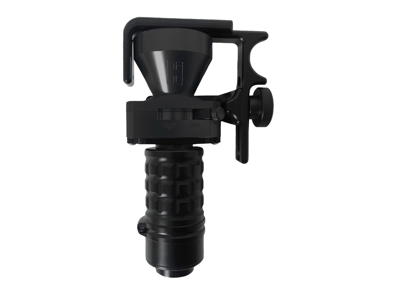 A black Halcyon Fare EXP Dive Light from top on white background