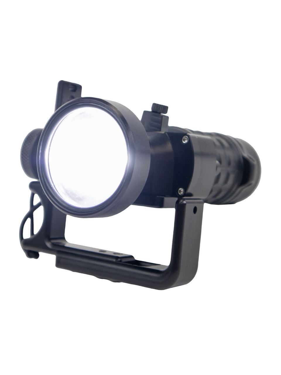 Halcyon Flare EXP Dive light from front with bright light on white background