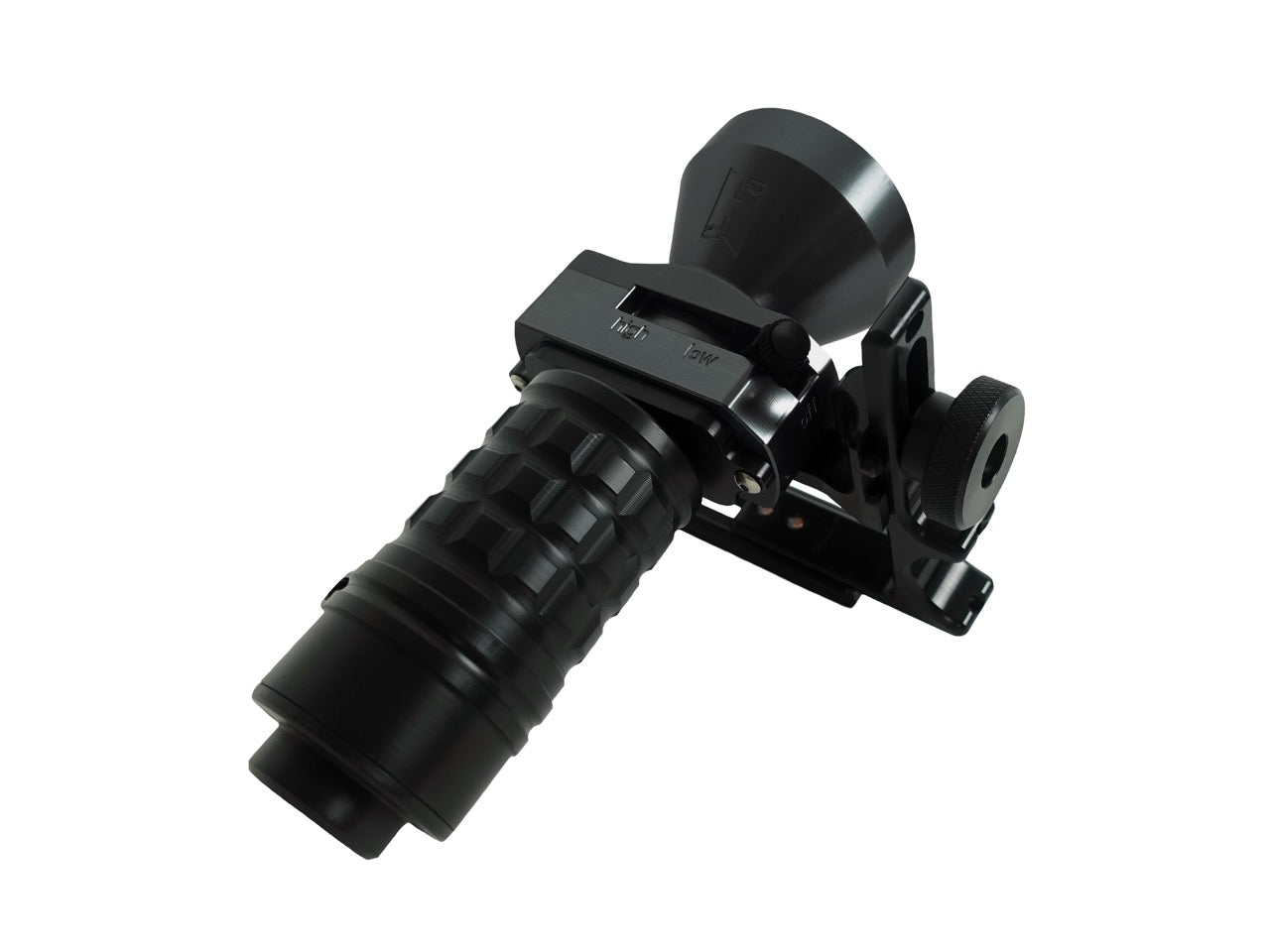 A black Halcyon Flare EXP light on white background for scuba diving