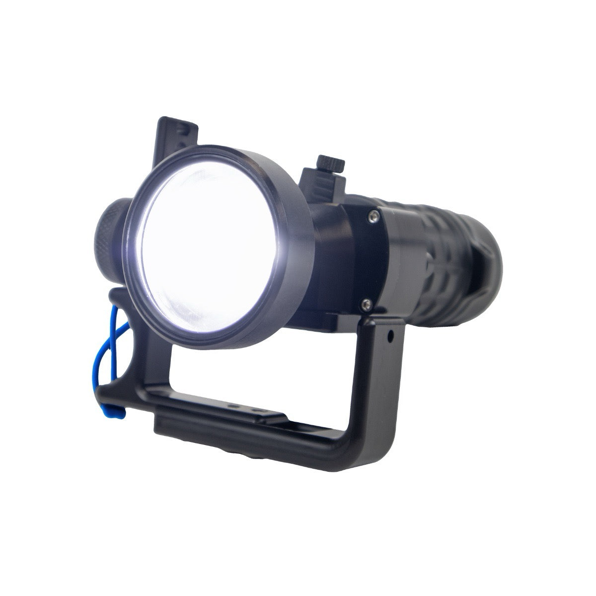 A LED flashlight with a black body, a large illuminated circular lens, a built-in handle, and a small blue lanyard, shown on a plain white background. From Halcyon for scuba diving