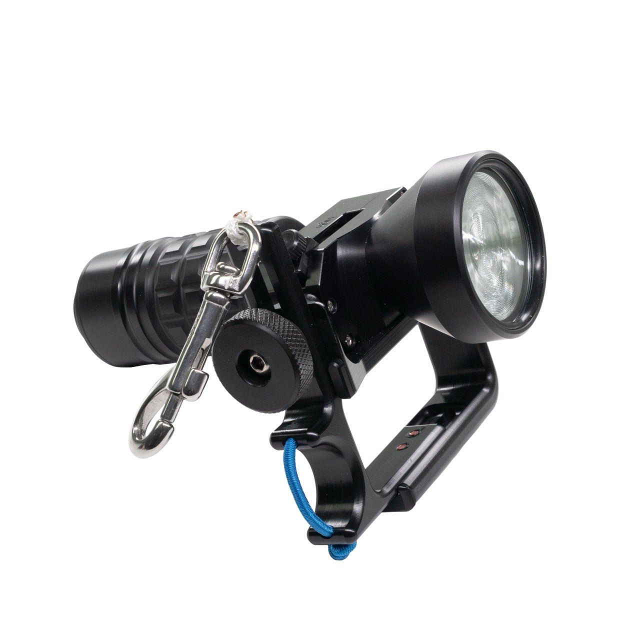 A black flashlight with a mounting bracket, silver boltsnap, and blue lanyard, shown on a plain white background.