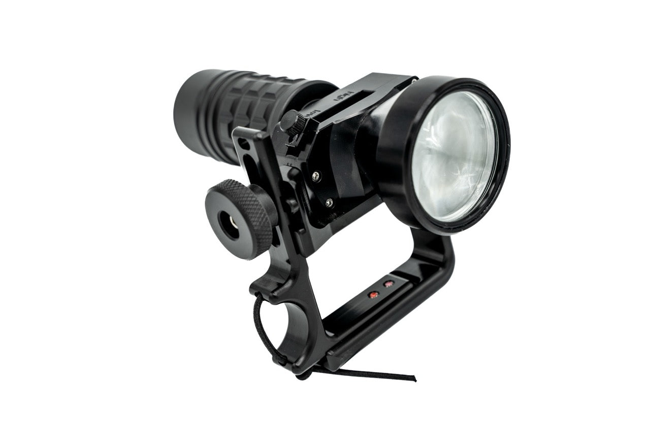 Black halcyon Flare EXP dive light from front on white background