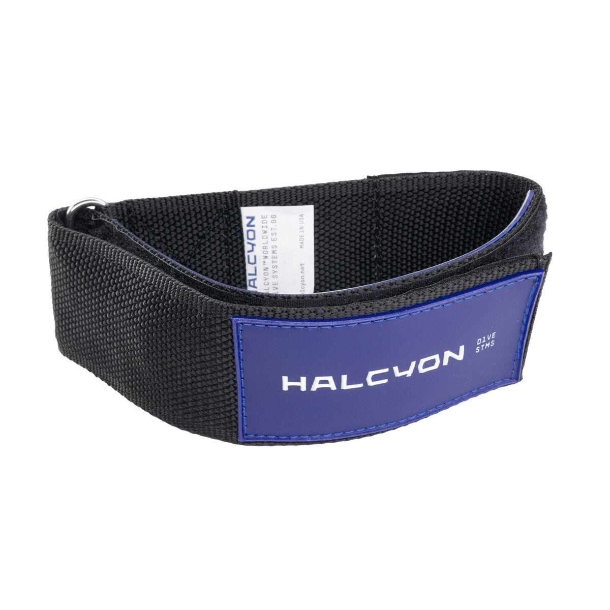 Black Halcyon Cylinder Strap with blue and white Halcyon logo on white background