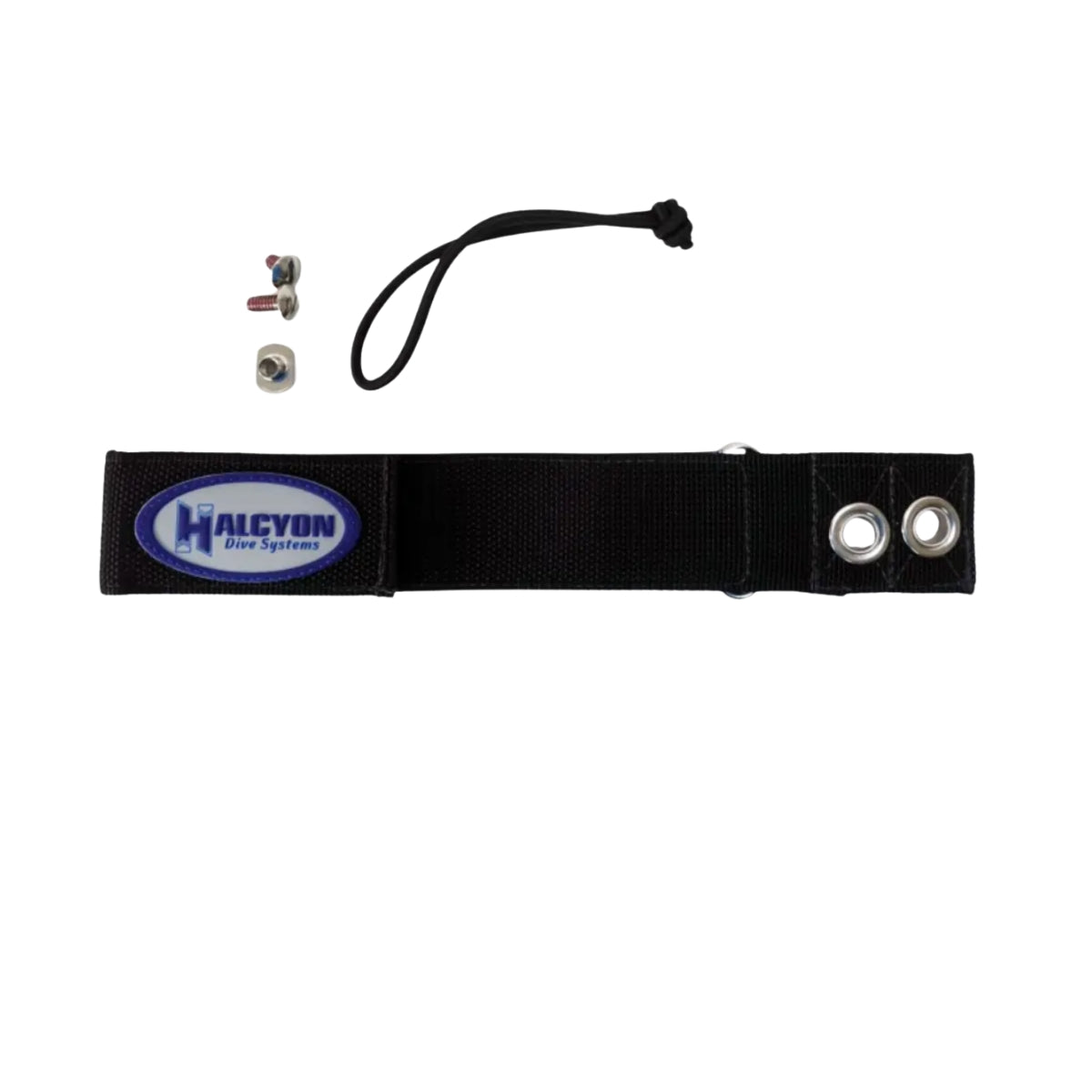 A black piece of webbing with Halcyon logo on white and blue with a few bolts on white background, ideal for scuba divers