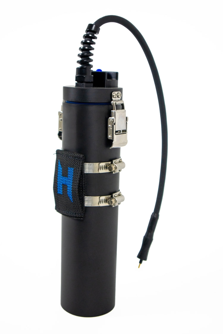 A black Halcyon canister with Lithium Ion Battery on white background