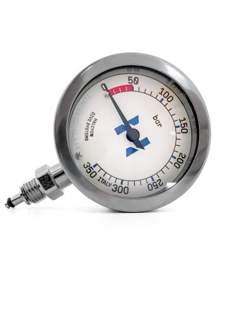 A close-up of the Halcyon Master SPG in stainless steel with blue Halcyo logo in the middle on white background