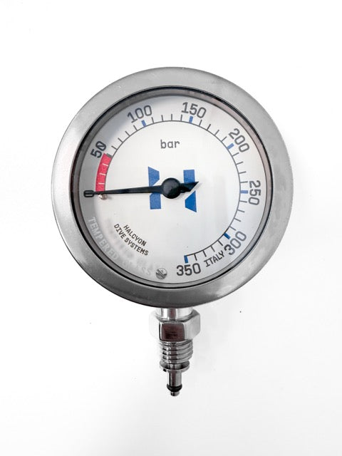 A close-up of the Halcyon Master SPG in stainless steel with Bar reasing and blue Halcyon logo on white background