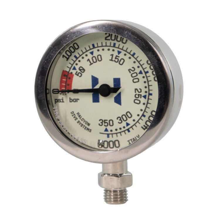 A stainless steel Halcyon Master with a silver bezel, black pointer needle, and a white dial face showing psi and bar scales, with the brand name Halcyon on white background