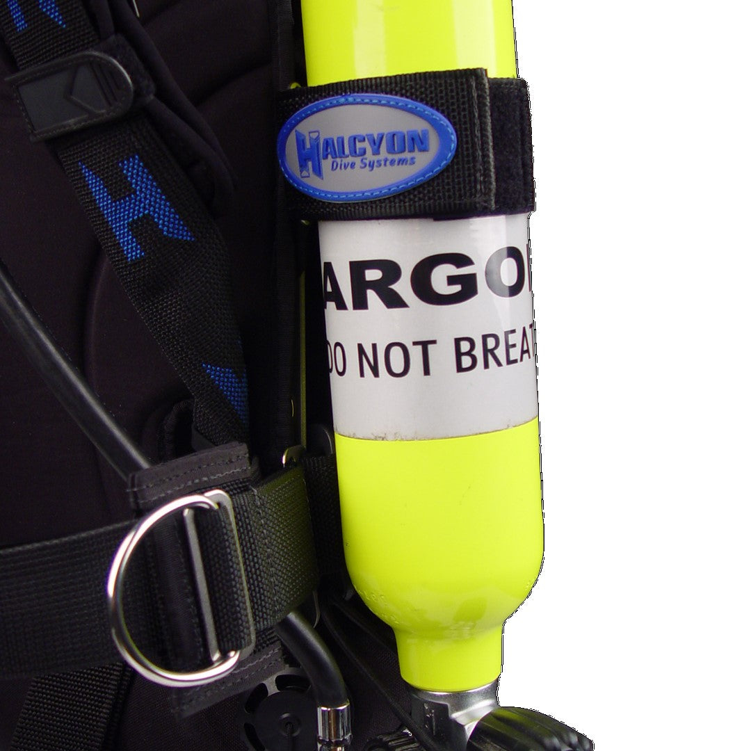 Yellow tank with black halcyon Mounting Strap for Drysuit Bottle with blue and white logo and white background