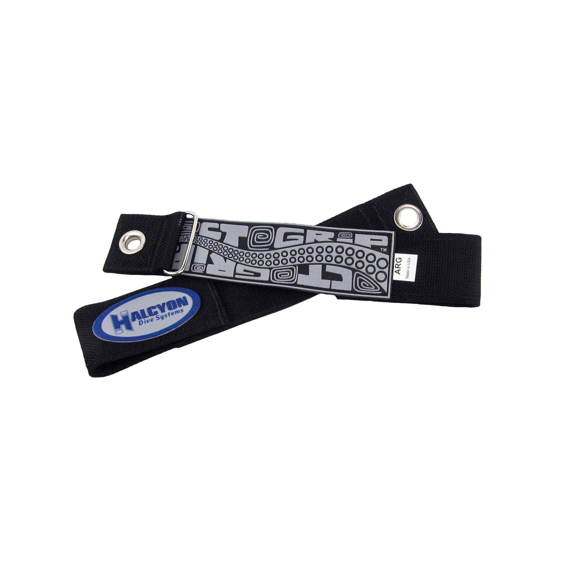 Black strap with logos on a white background
