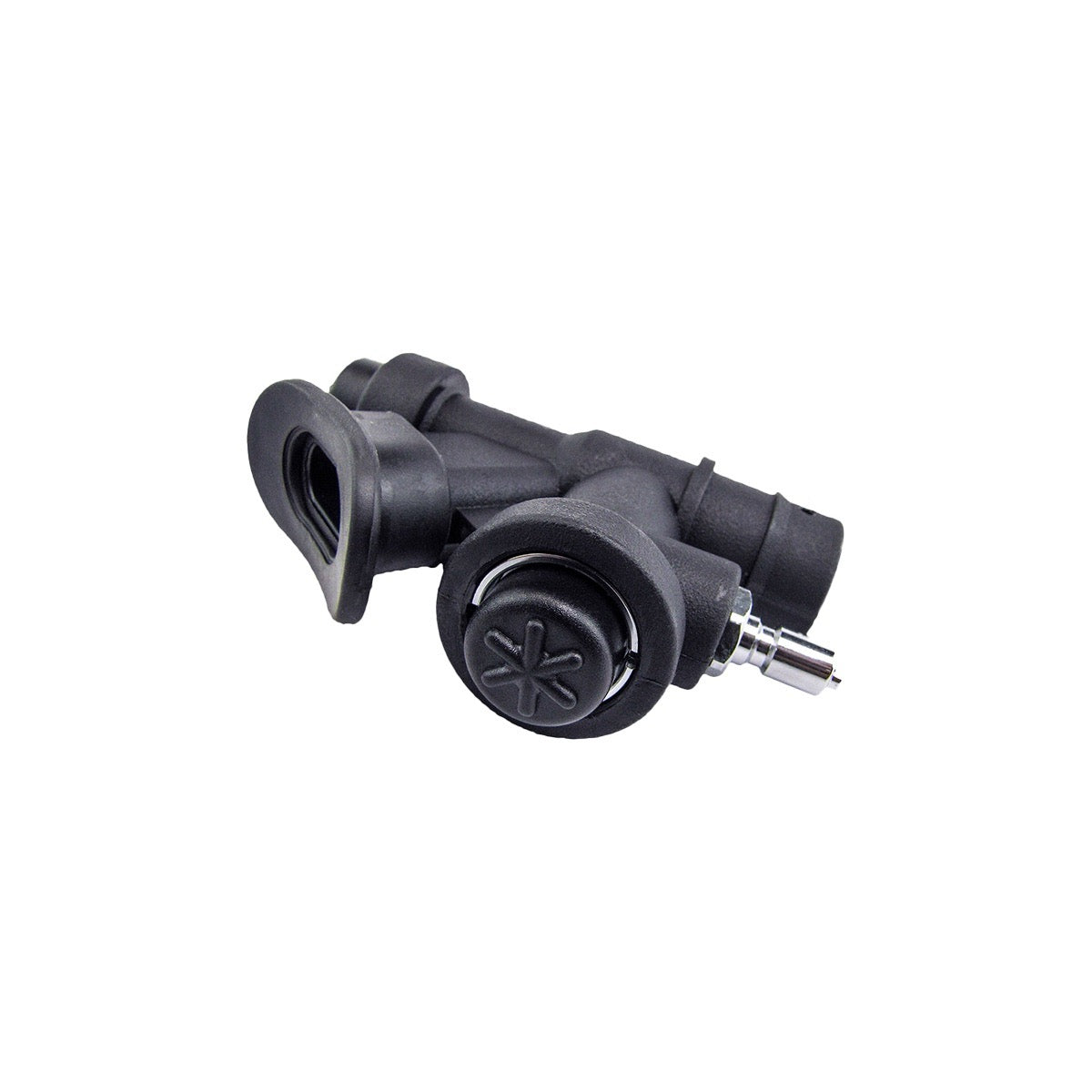 A black Halcyon Power Inflator on white background for scuba diving
