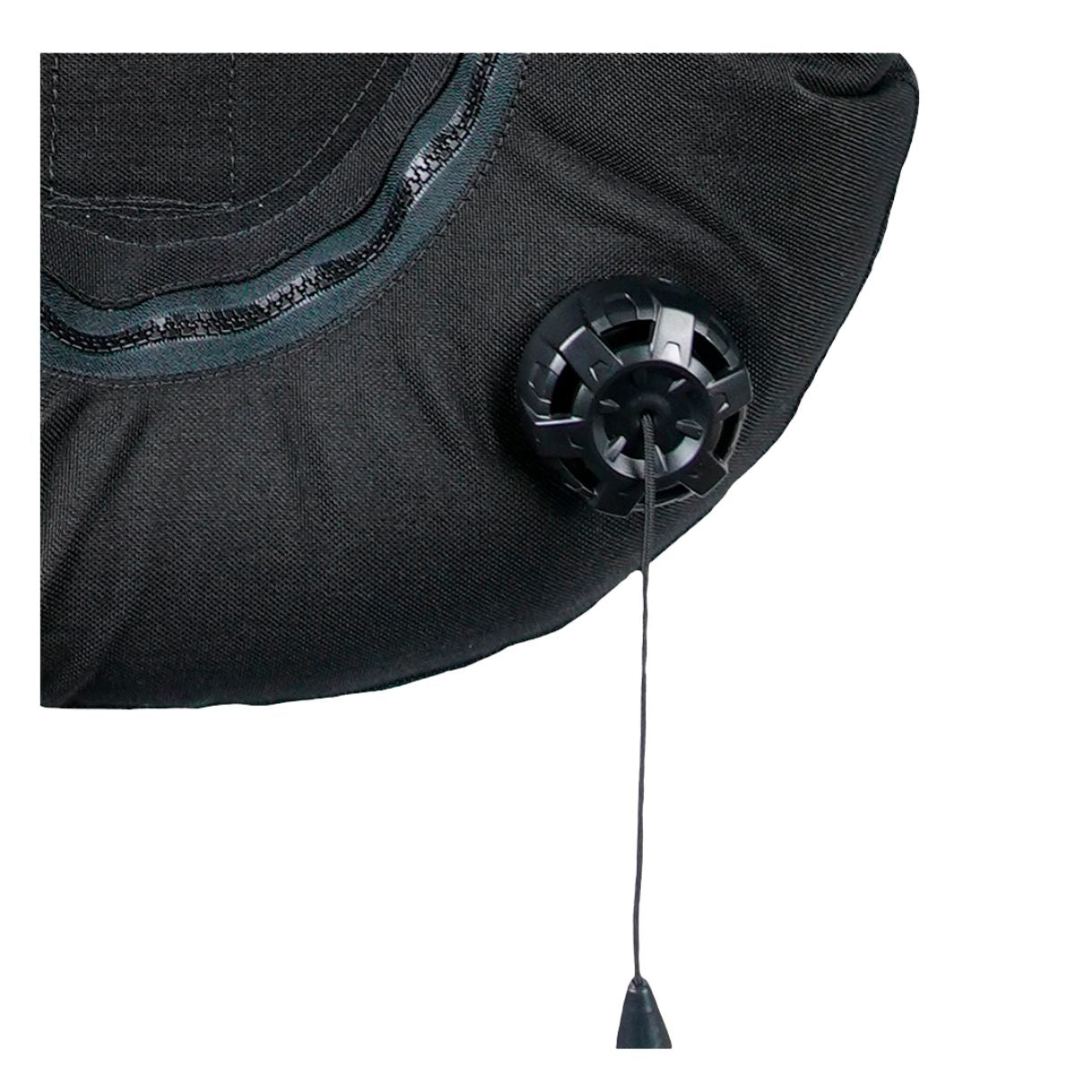 Close up of Halcyon black bladder with focus on OPV with Gasket on white background for scuba diving