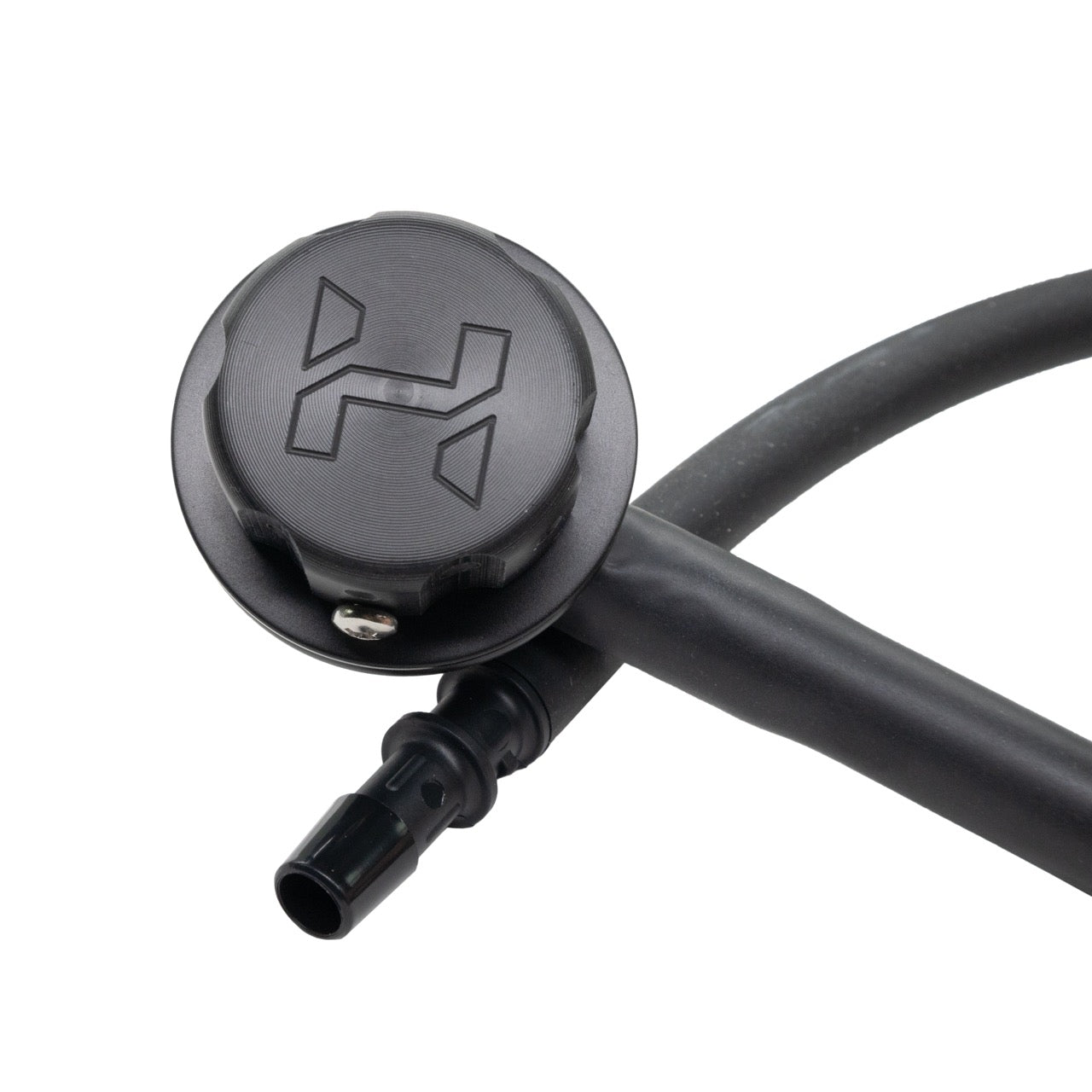 Close-up of black halcyon P-valve with black halcyon logo on white background