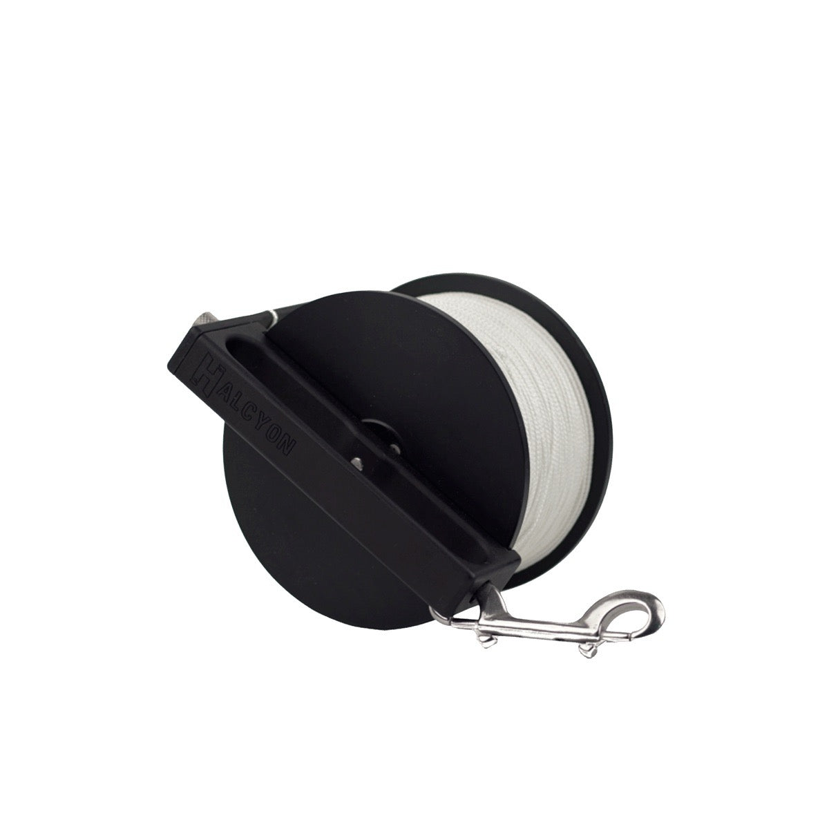 Black Halcyon Pathfinder Primary Reel in black with white line on white background