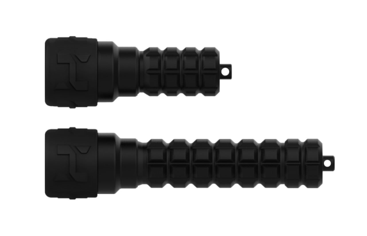Two black Halcyon Photon Dive Lights on white background