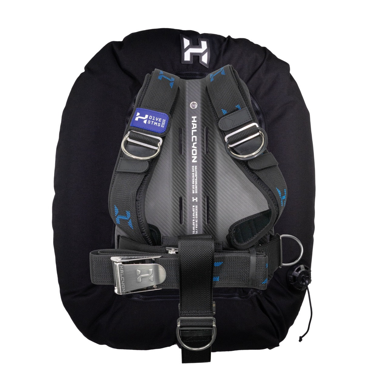 A black Halcyon wing with Carbon Fiber Backplate, Halcyon logo on white background for Doubles
