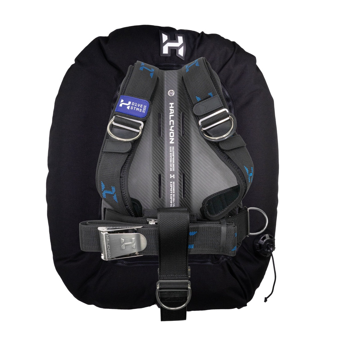 A black Halcyon wing with Carbon Fiber Backplate, Halcyon logo on white background for Doubles
