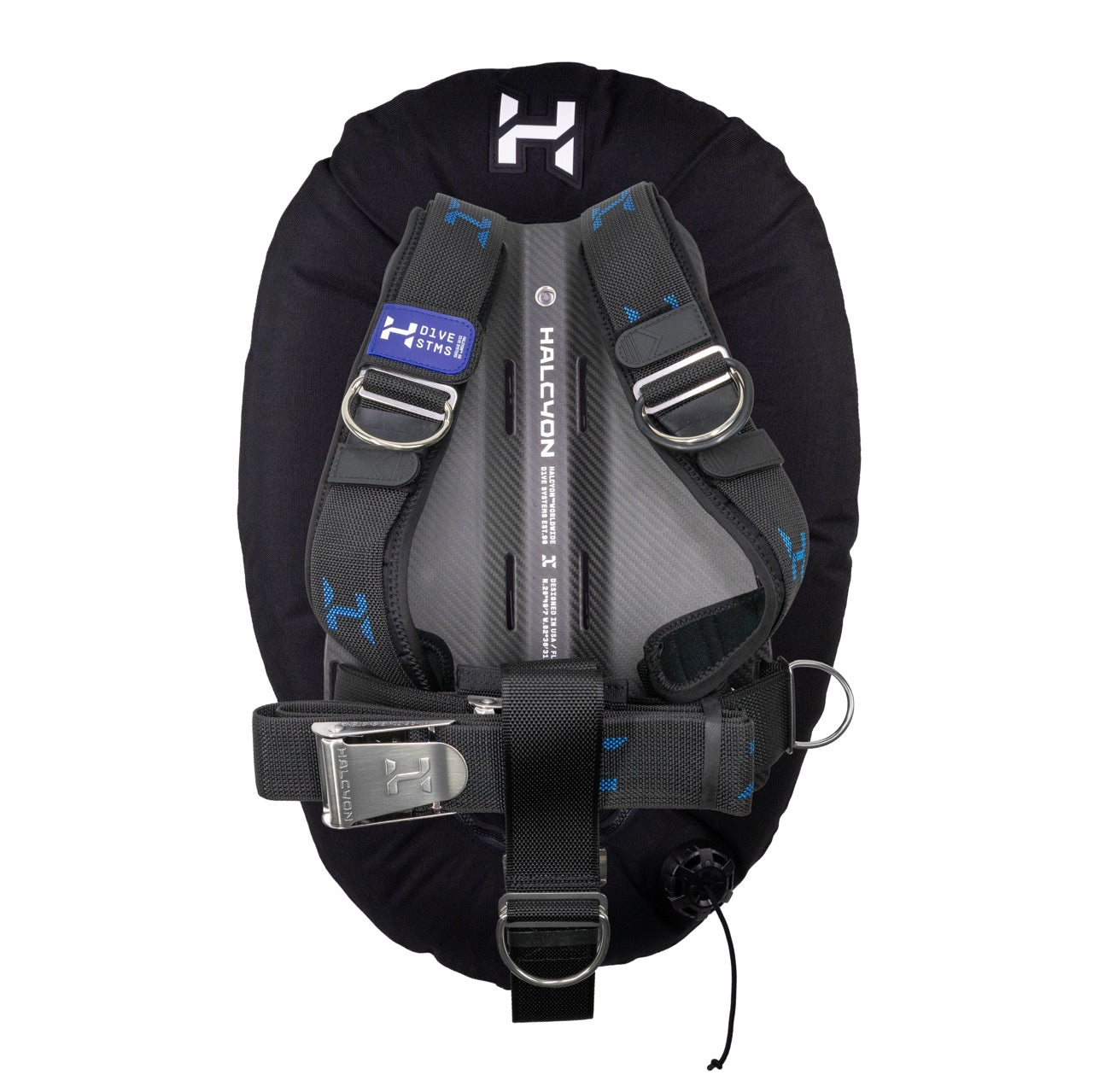 A black Halcyon wing with Carbon Fiber Backplate, white Halcyon logo and black and blue webbing on white background