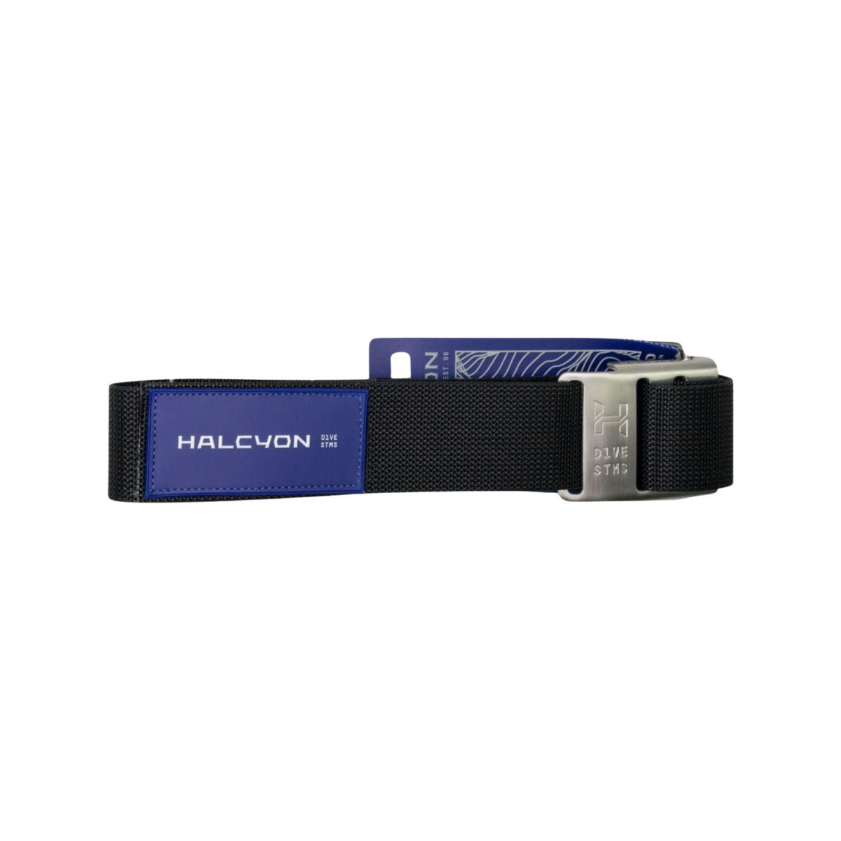 Black Halcyon Replacement Tank strap with stainless steel buckle and blue and white halcyon logo on white background for scuba diving