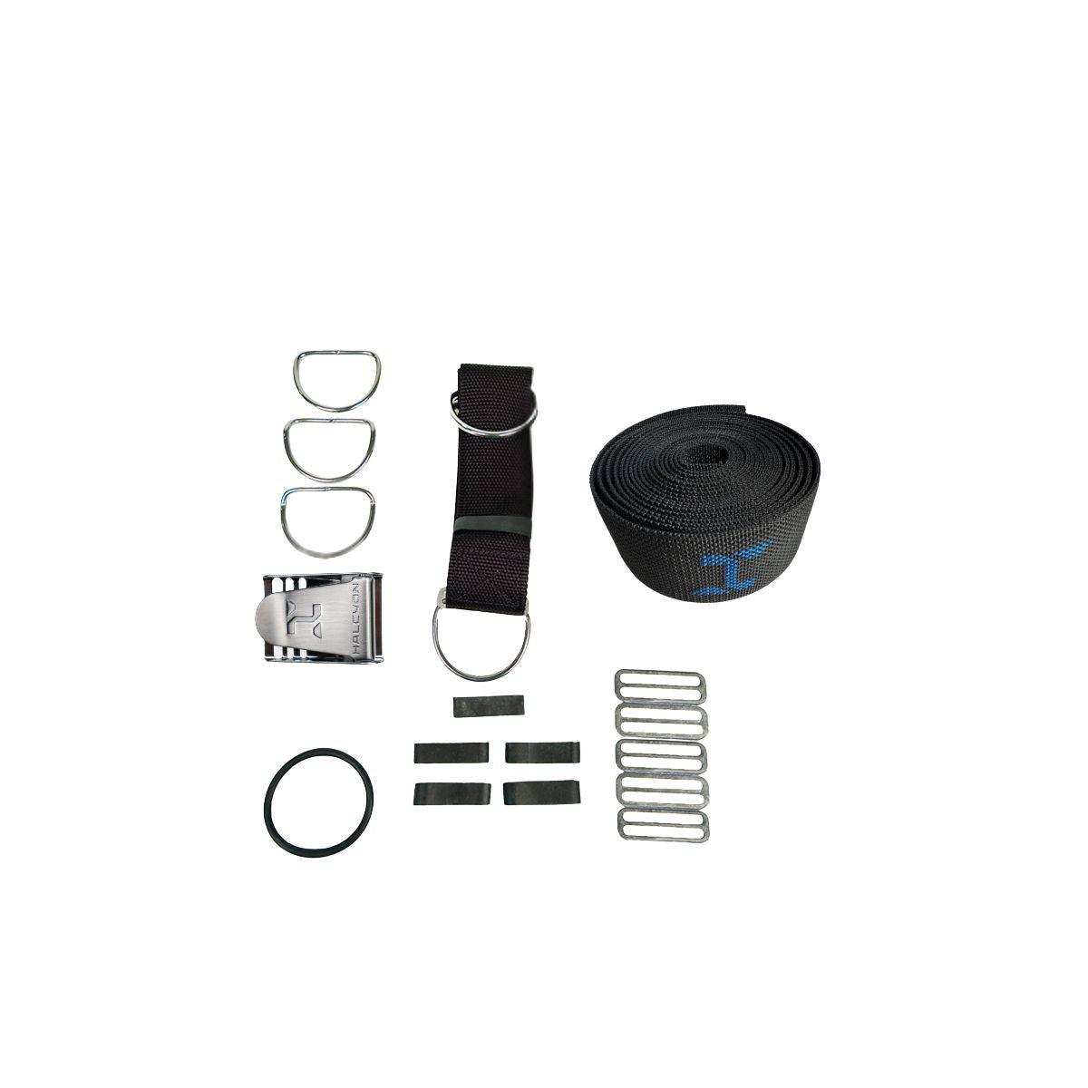 Halcyon Secure Harness Kit includes 4 stainless steel triglides, 3 stainless steel d-rings, stainless steel buckle and webbing on white background