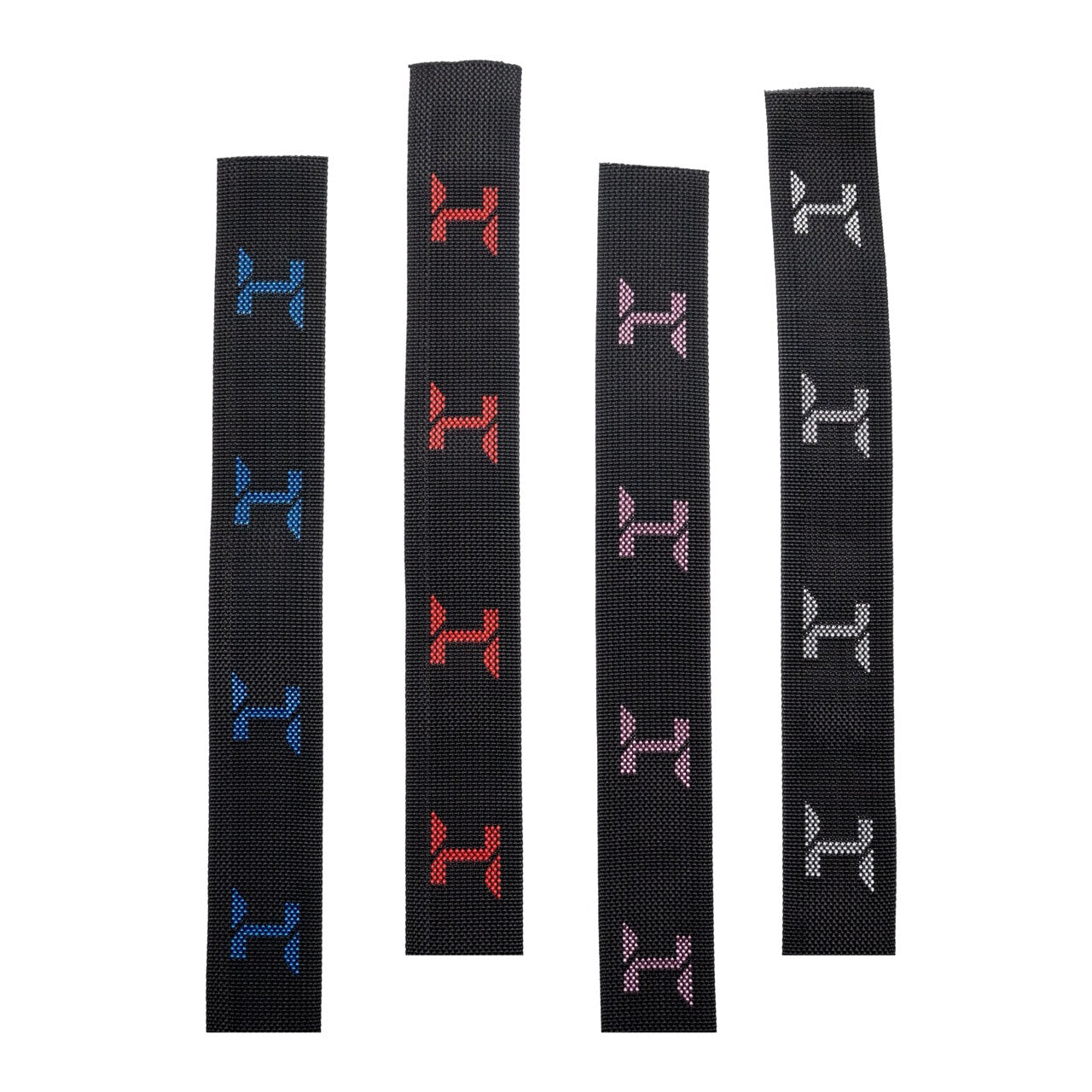 A selection of different Halcyon webbings pieces with blue, red, pink or white Halcyon logo, on white background
