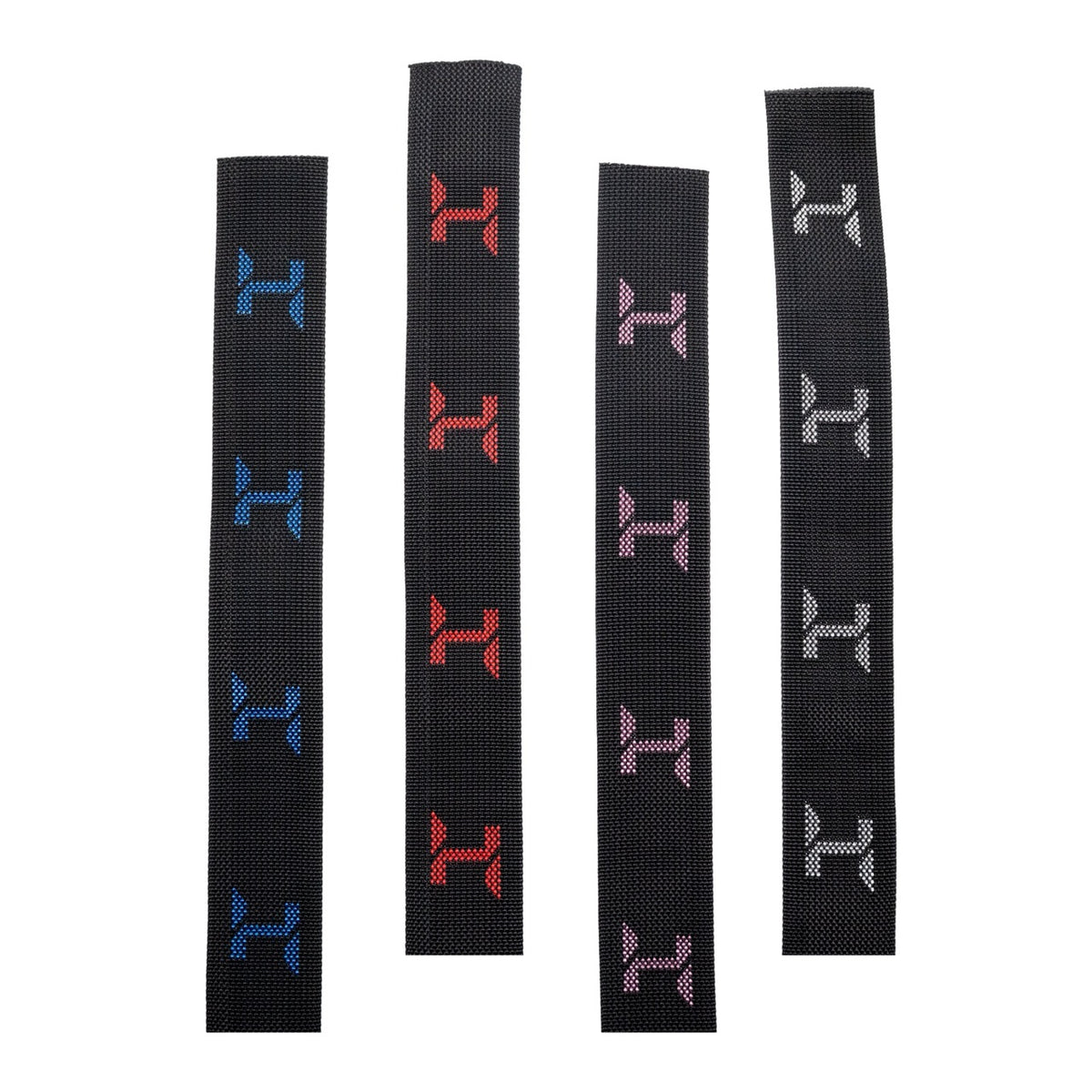 A selection of different Halcyon webbings pieces with blue, red, pink or white Halcyon logo, on white background