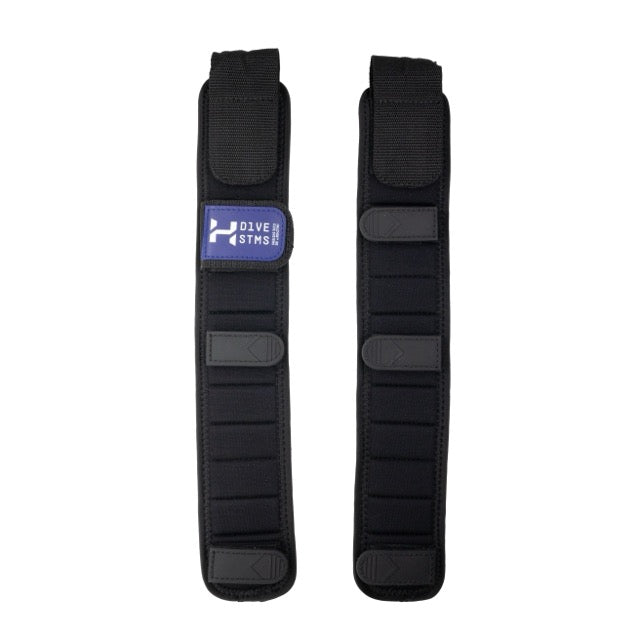 Black Halcyon Shoulder Strap Pads with blue and white Halcyon logo on white background for scuba diving