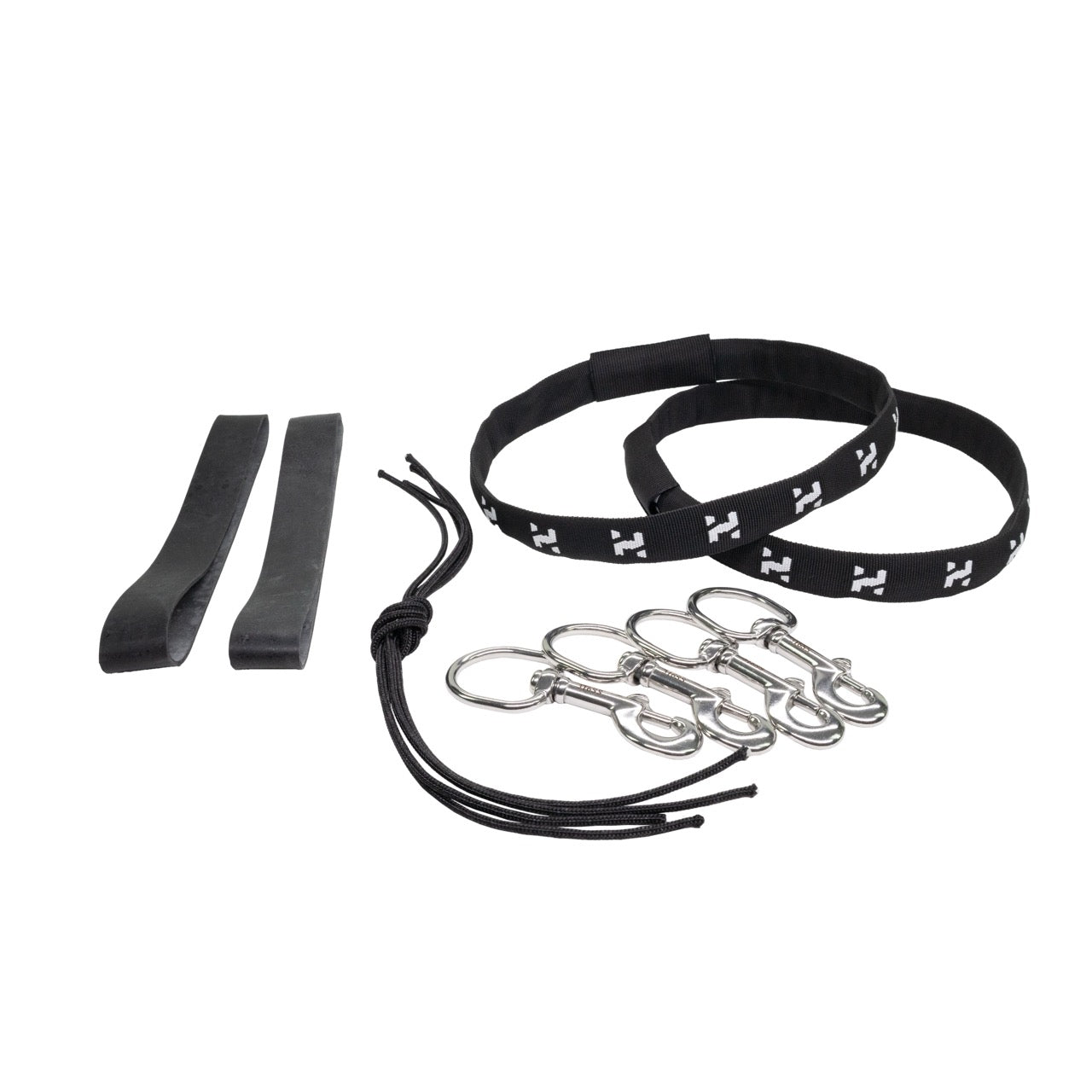 Four silver bolt snaps, black bungee and black hose retainers on white background