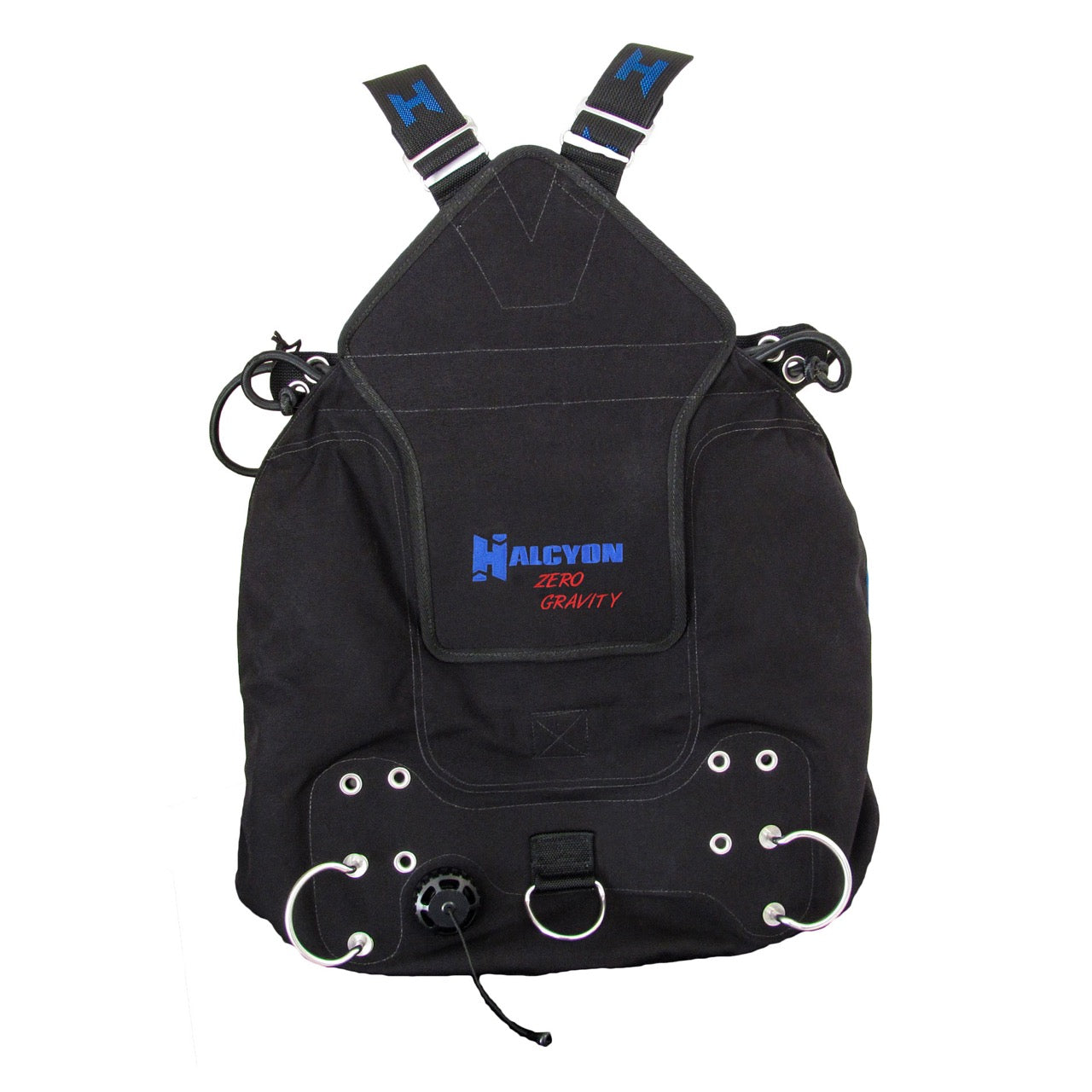 Halcyon Sidemount System from the back with blue Halcyon logo on white background