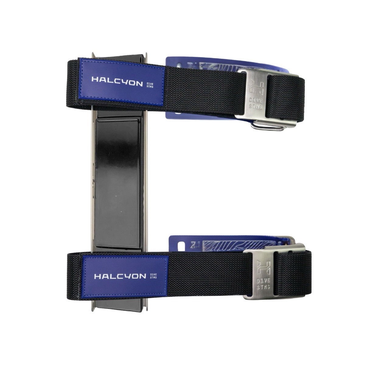 Halcyon Stainless Steel STA with Weight and Black and blue webbing for scuba diving, on white background