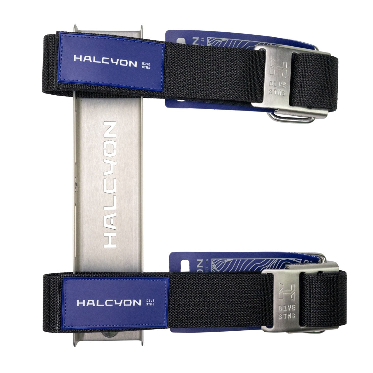 A Silver SS single tank adapter with Halcyon logo and black and blue tank straps with Halcyon logo on white background