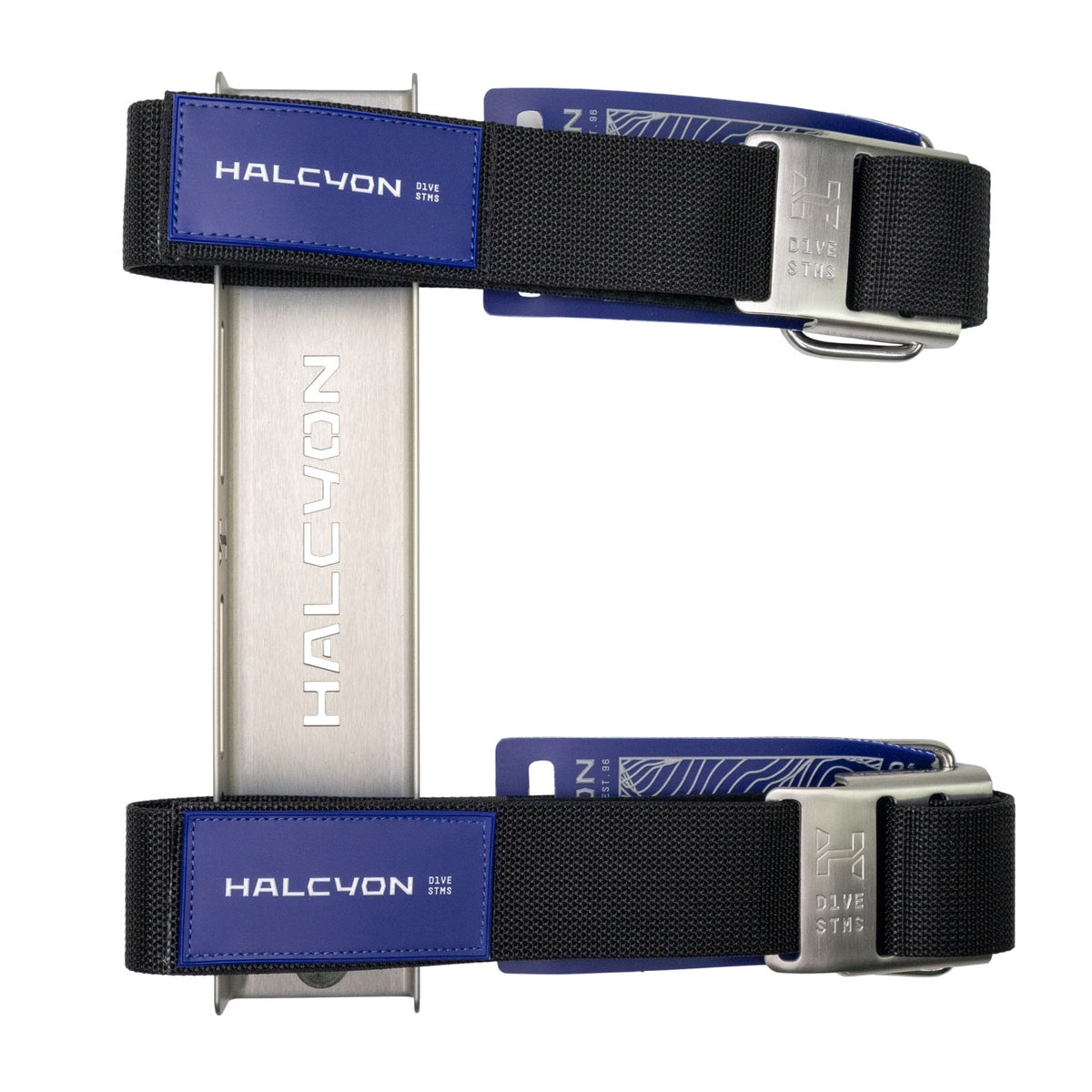 A Silver SS single tank adapter with Halcyon logo and black and blue tank straps with Halcyon logo on white background