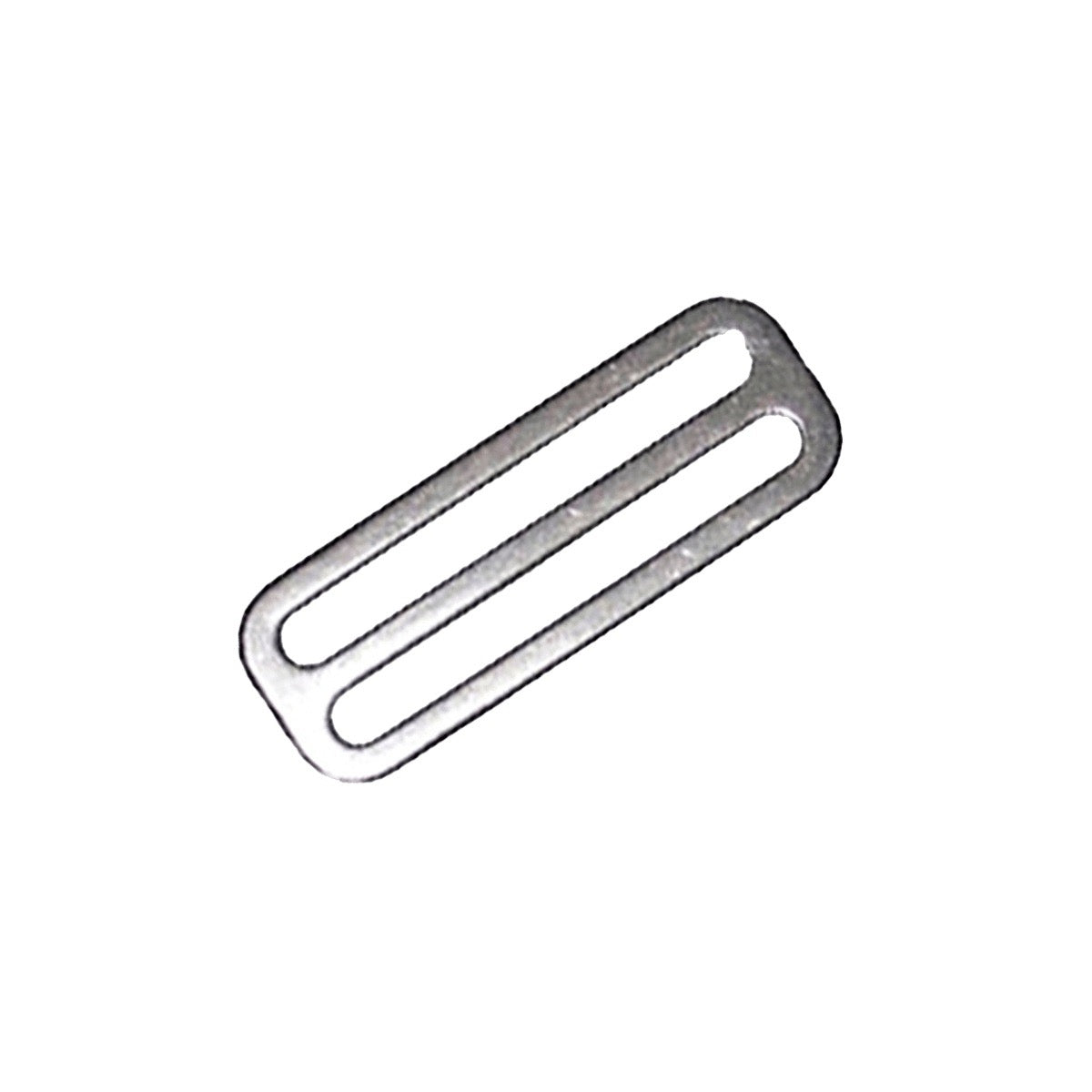 Close up of a silver polished stainless steel tri-glide on white background.