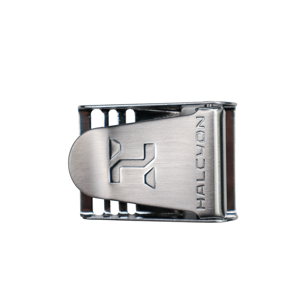 A close-up of stainless steel weight buckle with Halcyon logo on white background