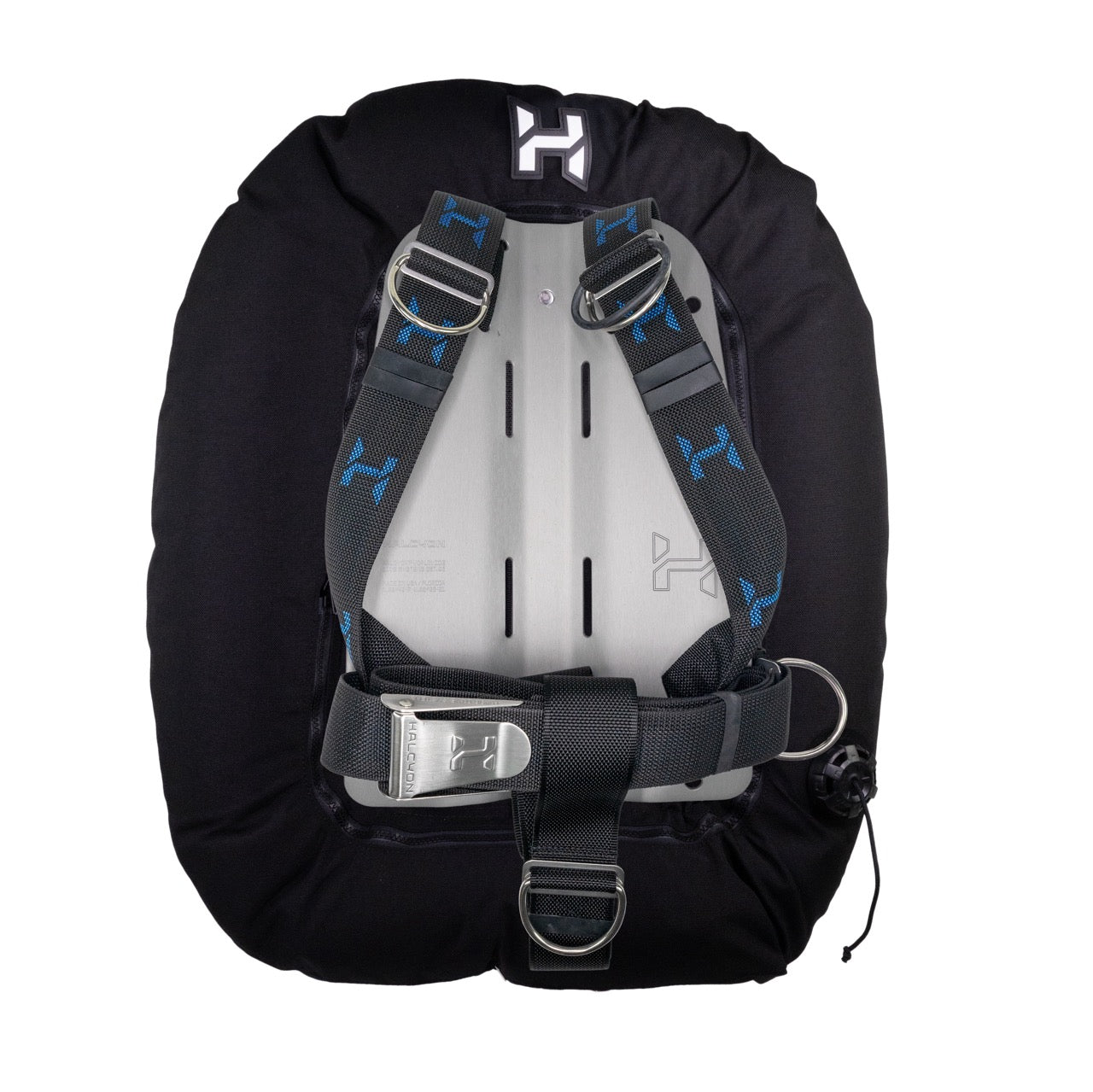 A black wing for doubles with Aluminium Backplate and Halcyon logos on white background