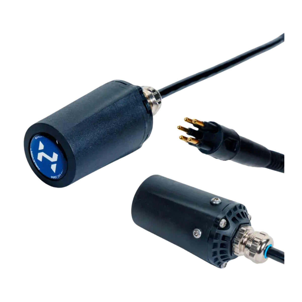 Halcyon Symbios CCR Pods in black with blue and white Halcyon logo on the end on white background, ideal for scuba divers