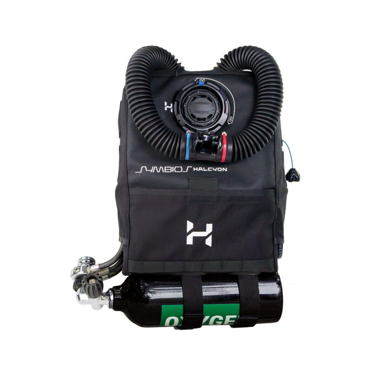 Black Halcyon Chest-Mounted Rebreather with white symbios and halcyon logo on white background
