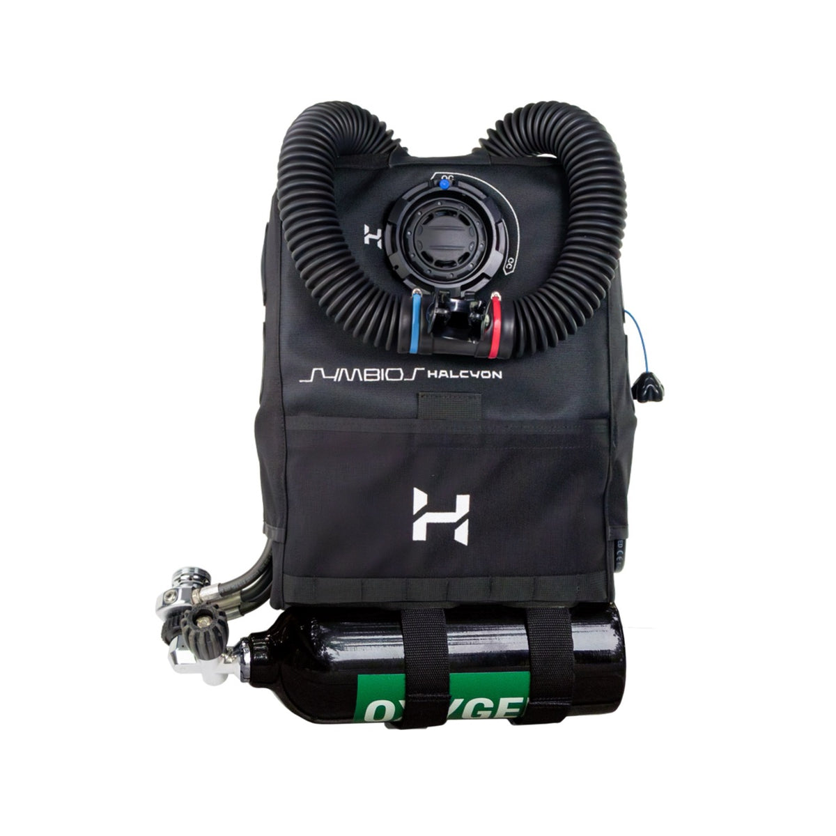 Black Halcyon Chest-Mounted Rebreather with white symbios and halcyon logo on white background